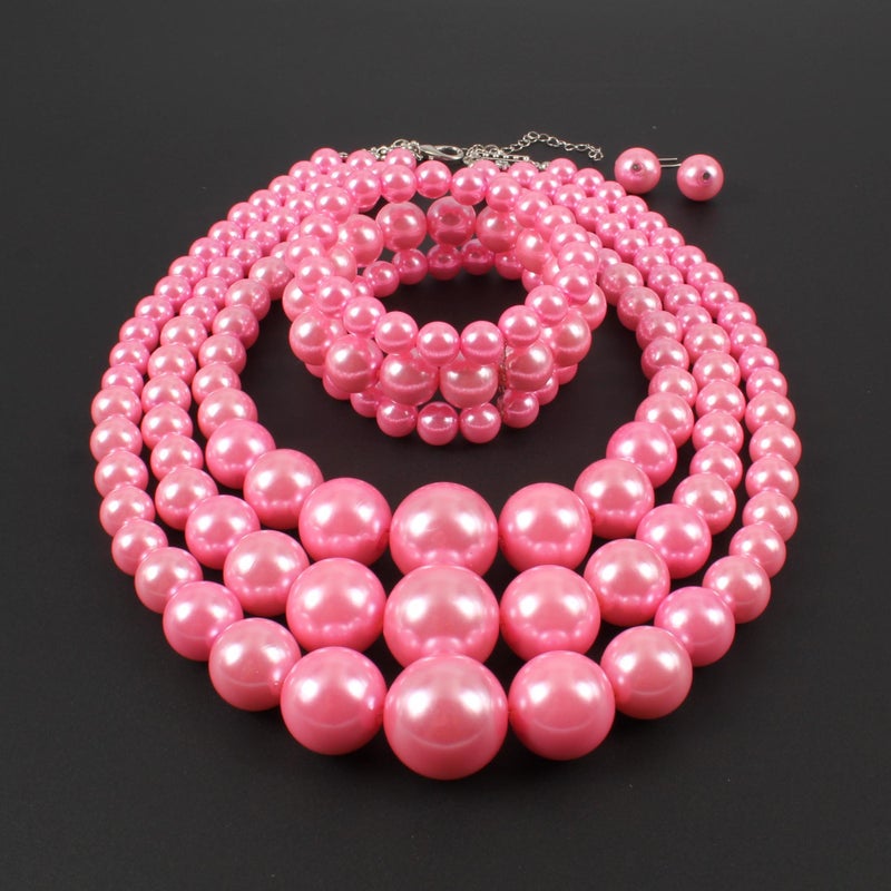 KOSMOS-LI Large Pearl Jewelry Set Stocking Stuffers 3 Layer Simulated Pink Pearl Women's Statement 18" Necklace Bracelet and Earrings - Image 3